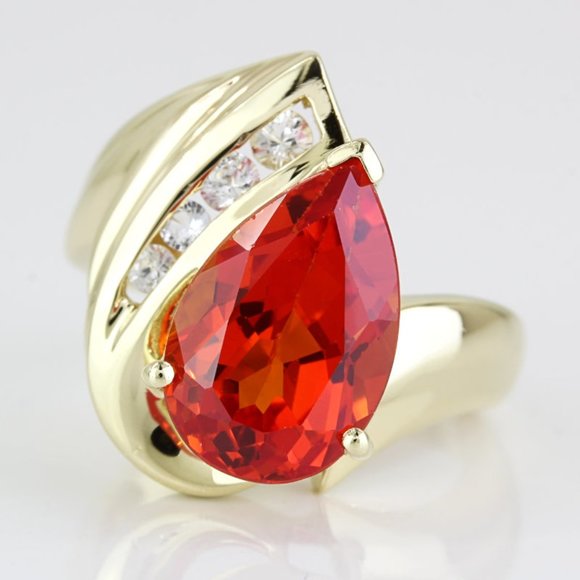10k Yellow Gold Teardrop Orange & CZ Cubic Zirconia Gemstone Ring - Picture 1 of 9